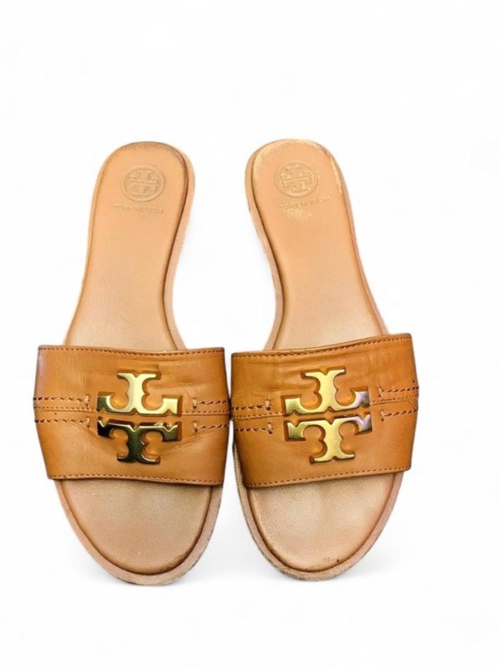 Authentic Tory Burch Everly Leather Slide Sandals - Royal Tan / Gold - Size 7M